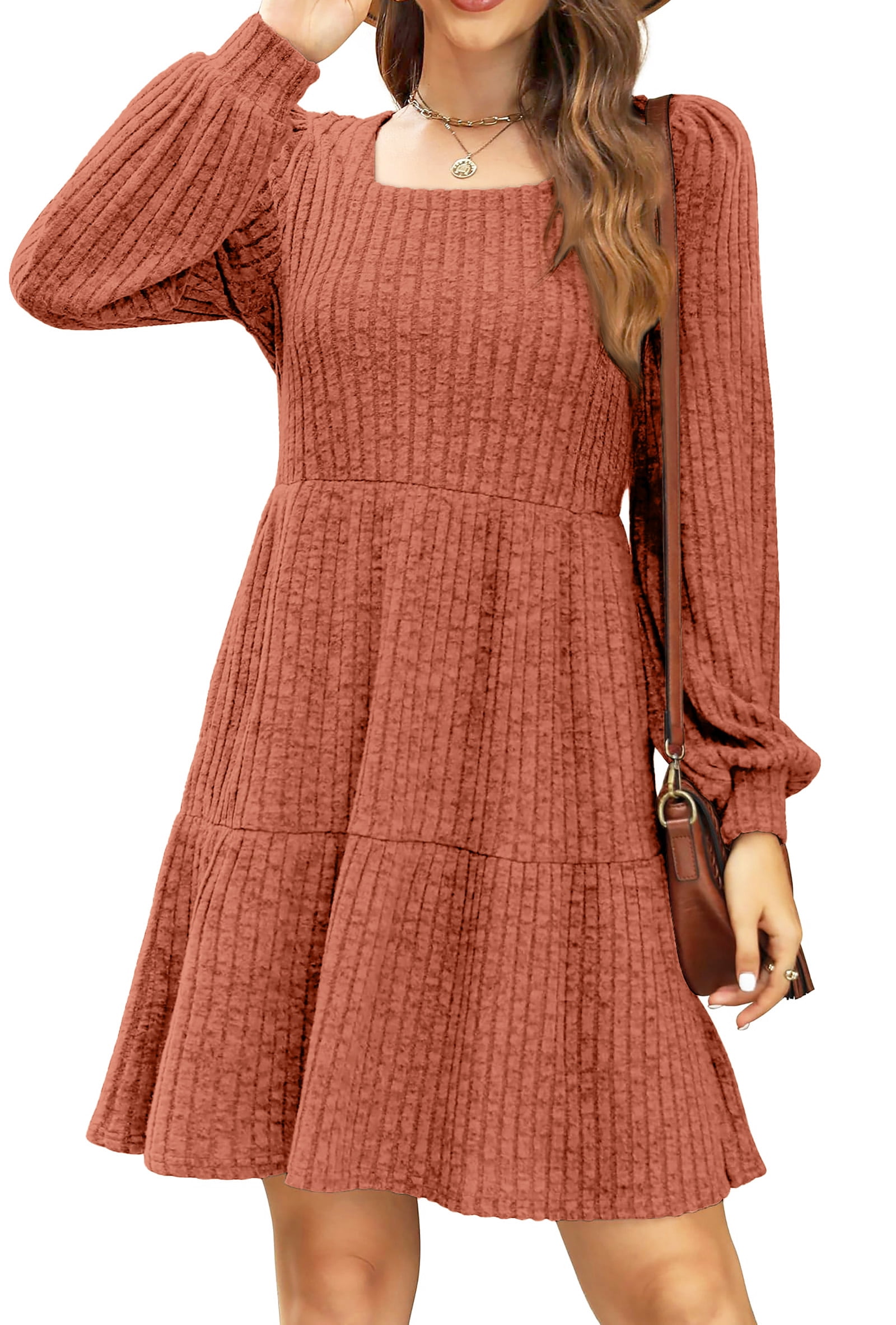 Fantaslook Fall Dresses for Women Square Neck Long Sleeve Dresses Casual Babydoll Sweater Dress