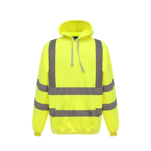 Men's Solid Color Reflective Hooded Sweatshirt Long Sleeve Sweater Top Loose Road Work High Visibility Pullover (Yellow,L)