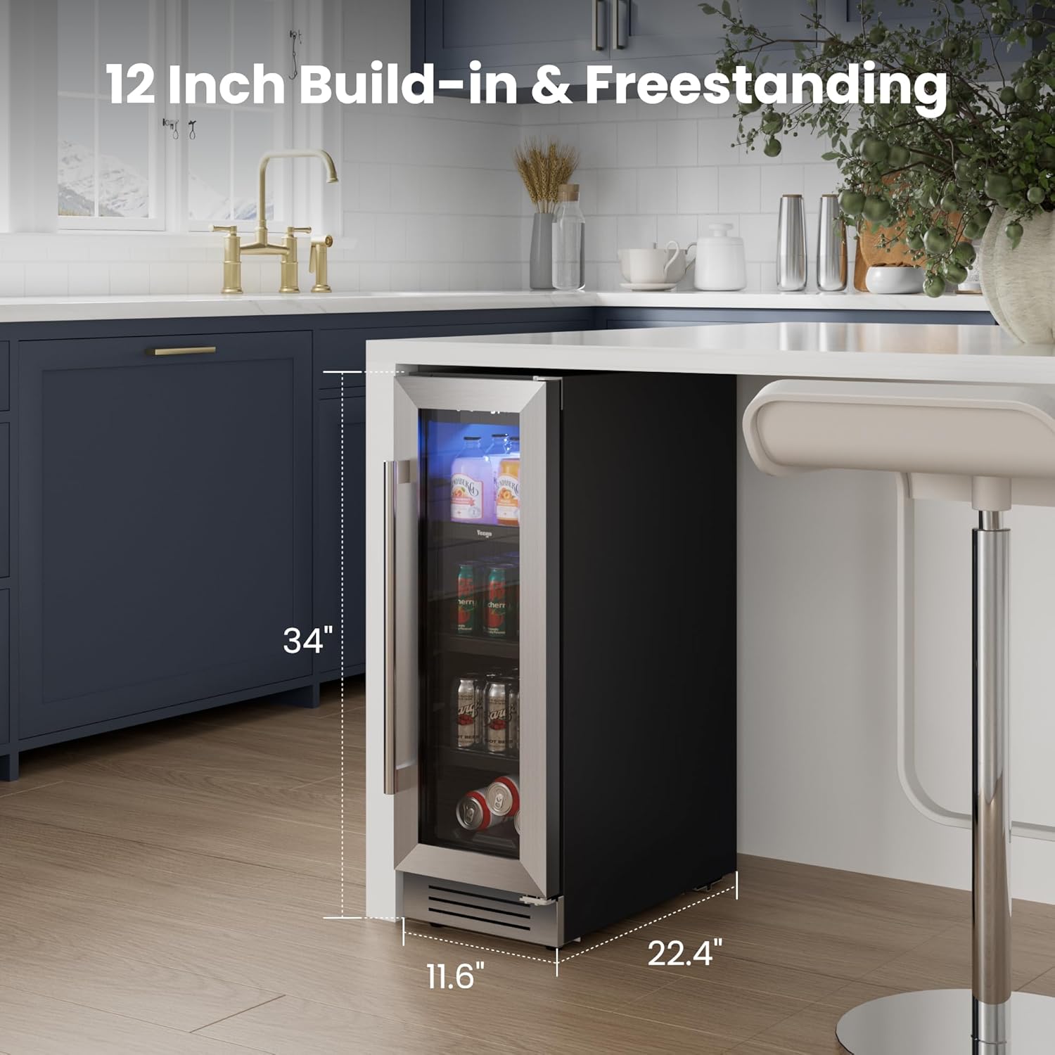 Yeego 60 Can Beverage Refrigerator, 12 Inch Beverage Cooler with Glass Door, Mini-Fridge for Home,Office