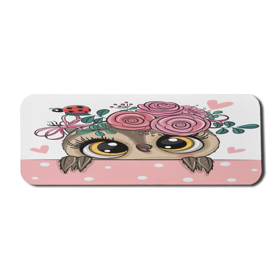 Animals Computer Mouse Pad, Cartoon Owls with Flowers on Ladybird and Small Hearts Polka Dots, Rectangle Non-Slip Rubber Mousepad Large, 31" x 12", Pastel Pink and Multicolor, by Ambesonne