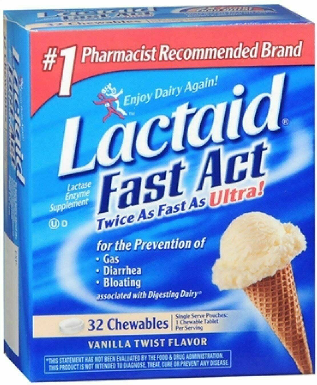 Lactacid Fast Act Lactose Vanilla Chewable w/ Lactase Enzymes, 32ct, 4-Pack