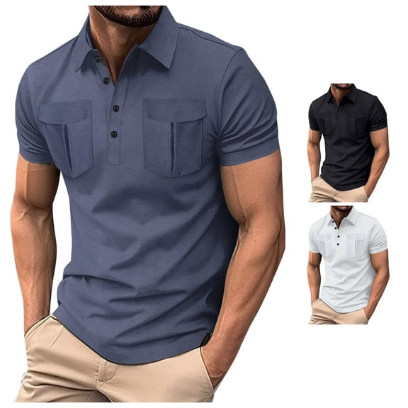 Zylarhe Men's Polo Shirts, Men's Summer Casual Solid Shirt with Button Lapel Double Pocket Short Sleeve Tops Grey XXXL
