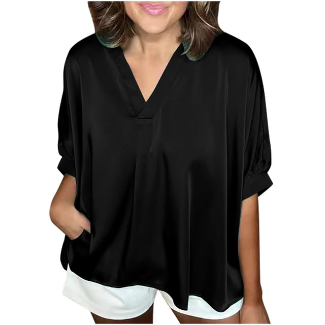 Timegard Oversized Tops for Women Satin V-Neck Short Sleeve Solid Color Work Casual Loose Tops Blouse
