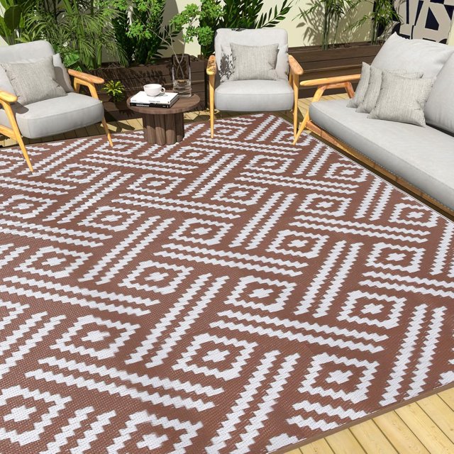 SHIQI-Outdoor Rug 8x10 Patio Waterproof, Large Outdoor Plastic Straw Rug, Reversible Out Door Carpet for Camping, Deck, Rv, 8 x 10 Area Carpet for Balcony, Porch, Backyard, White and Brown