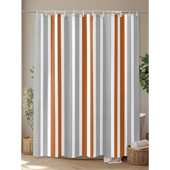 Orange Grey Vertical Stripe Shower Curtain Set, Waterproof Shower Curtains With Grommet Hooks, Modern Contrasting Linen Privacy Bathroom Curtain for Bathtub 72x72IN