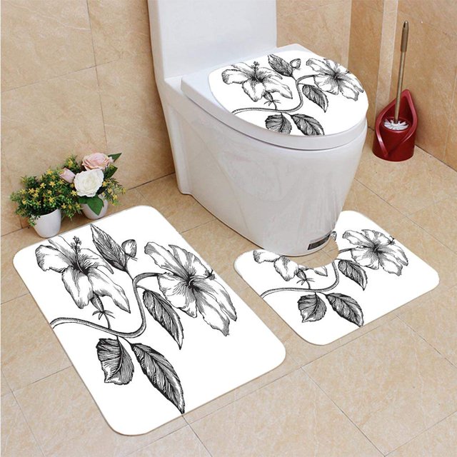 ABPHQTO Hibisco Juego de alfombras de baño de 3 piezas Alfombra de baño Alfombra de contorno y tapa de inodoro