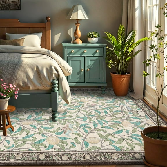 HOMERRY Leaf Print Non Slip Area Rug 8' x 10' for Living Room Washable Indoor Carpet, Beige