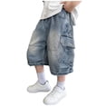 thumbnail image 2 of Maqroz Boys Cargo Denim Shorts Knee Length with Multiple Pockets Elastic Waist Casual Summer Bottoms Faded Wash Loose Fit 5-16 Years, 2 of 6