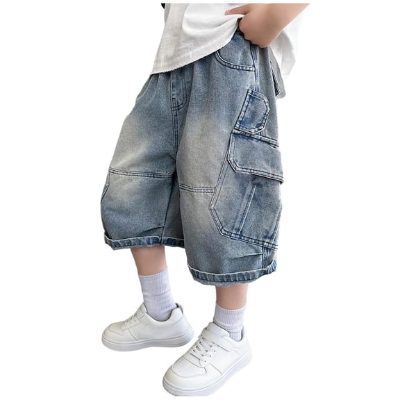 NAISIBABY Boys Denim Shorts, Elastic Waist Multi-Pockets Baggy Fit 2026 Summer Trendy Cargo Jean Shorts Blue Size 16