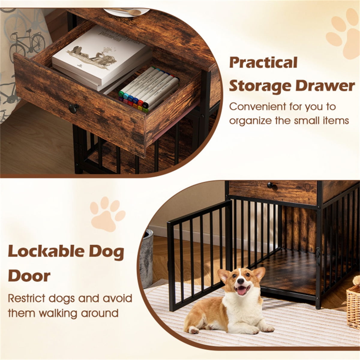 Black+Brown 2-in-1 Dog Crate End Table with Charging Station, Chew-Resistant Metal Tube Pet Furniture for Small Dogs Under 25 lbs