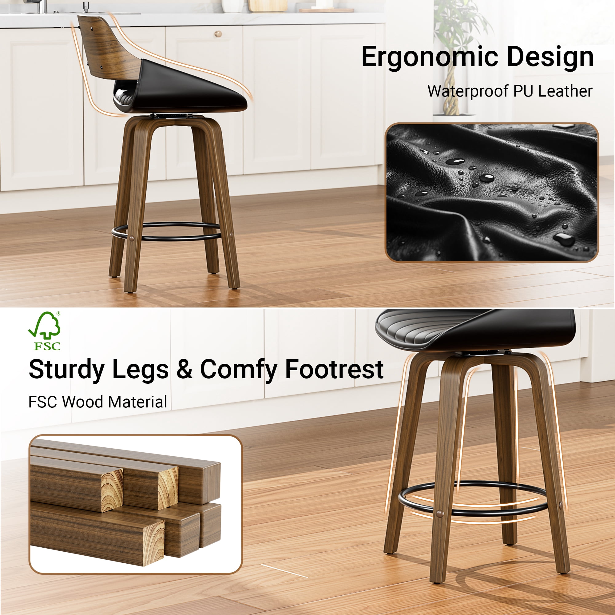 LainTene 26" Swivel Counter Height Bar Stool with Walnut Bentwood Frame, Faux Leather Seat & Footrest, Mid-Century Modern Chair for Kitchen Island, Bar, or Café (Set of 3)