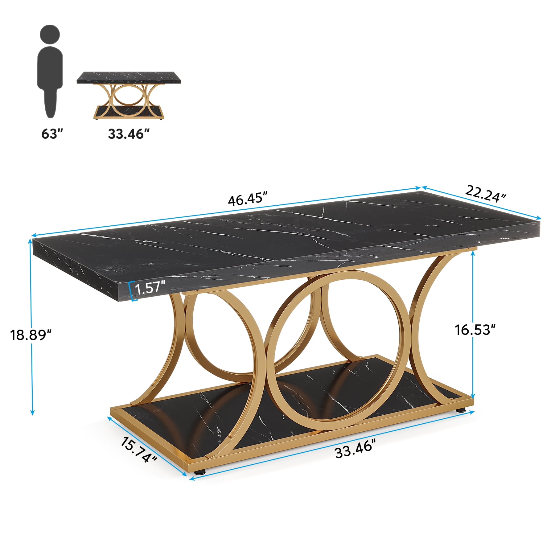 Tribesigns 47.24-inch Rectangle Coffee Table, 2-Tier Faux Marble Coffee Tables for Living Room, Black Gold