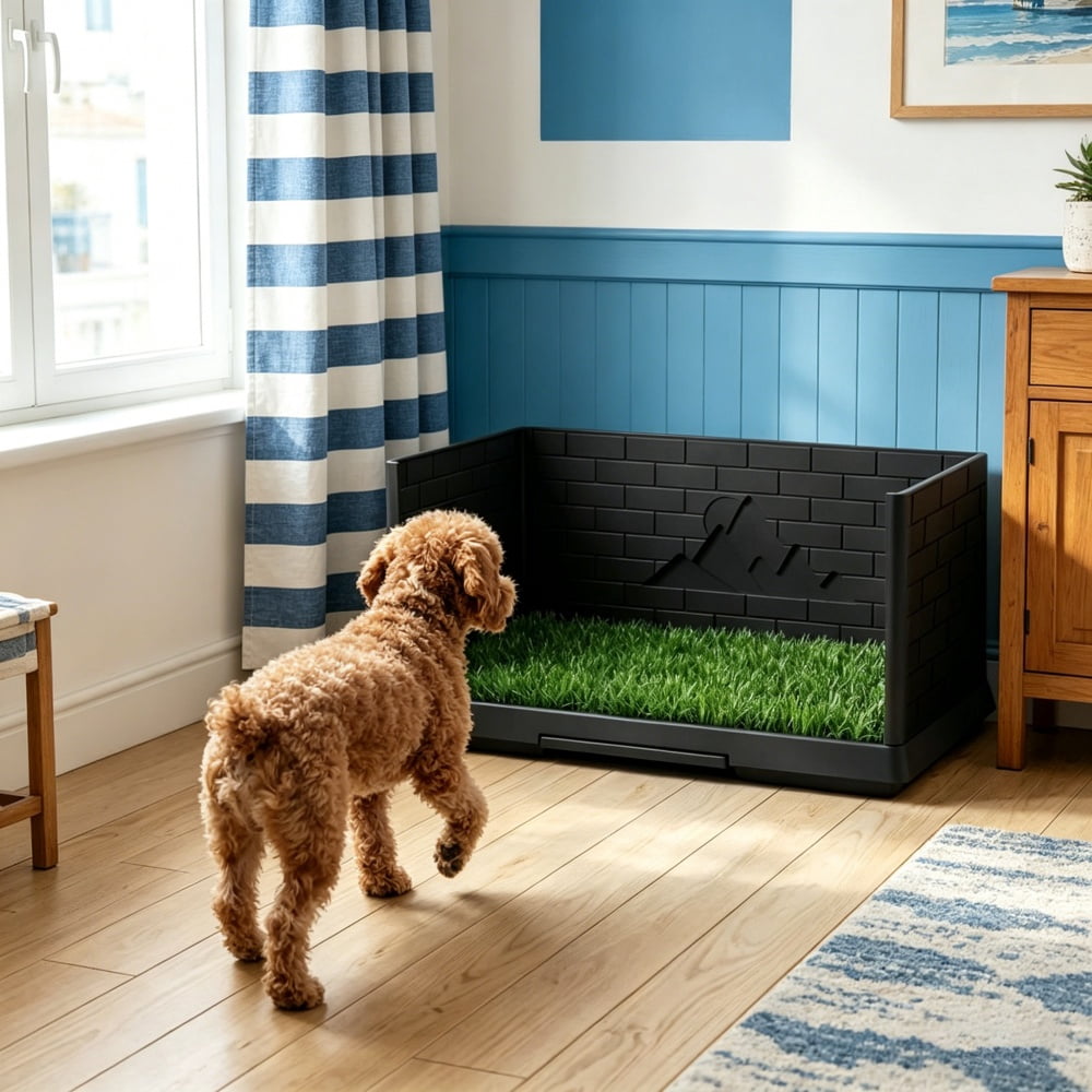 Dog Toilet with Artificial Turf, 3-Side 11.8"" High Walls Anti-Splash, Slide-Out Tray & Drainage System, for Small to Medium Dogs