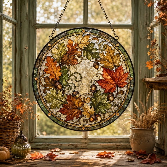 Autumn Leaves Acorns Stained Glass Suncatcher Window Hanging for Fall Decor