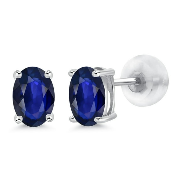 Gem Stone King 14K White Gold Oval Blue Sapphire Stud Earrings for Women Men (0.90 Cttw, Gemstone September Birthstone, Oval 6X4MM)