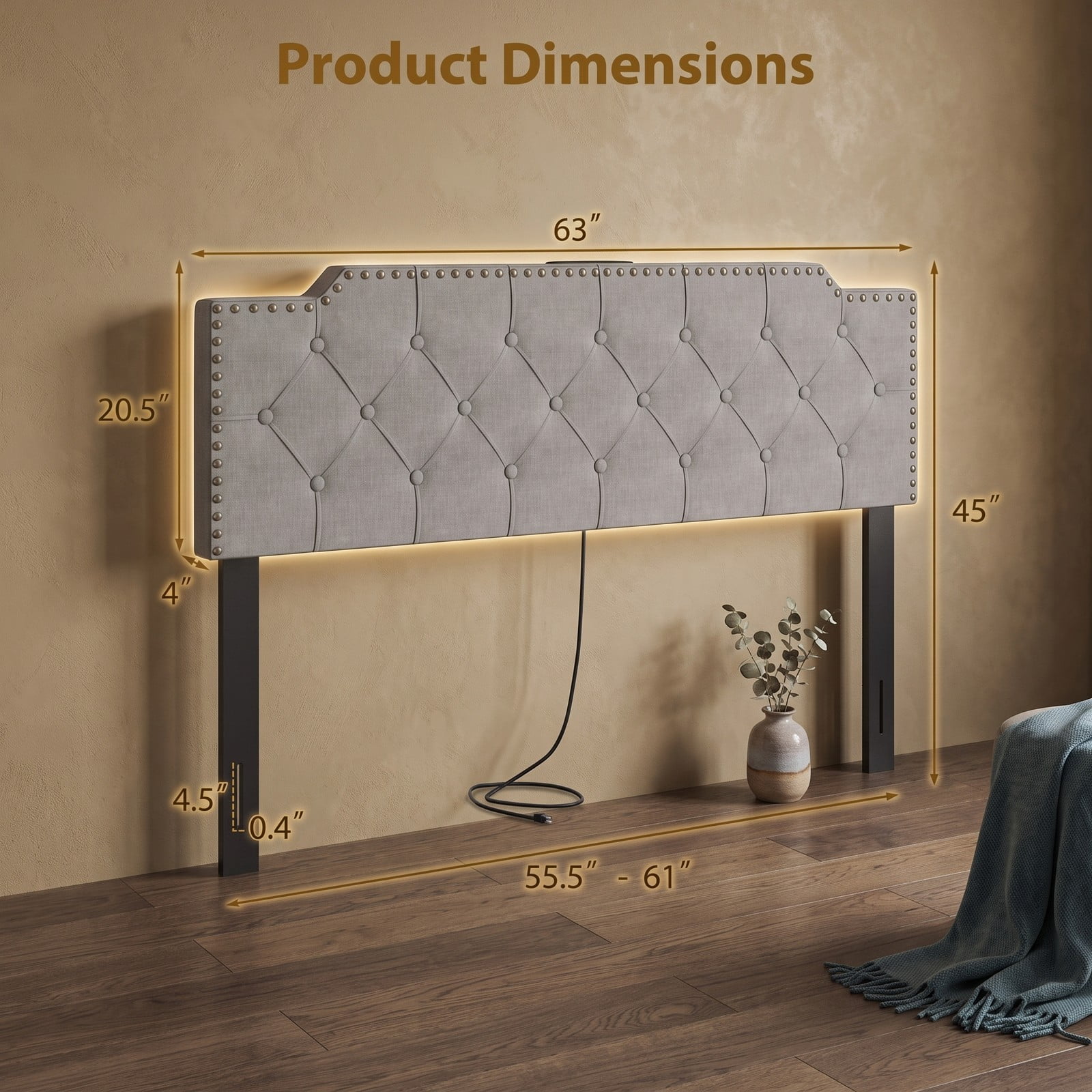 Furnibear Nailhead Trim Tufted Upholstered Headboard with 2 AC Outlets and USB and Type-C Ports for Full and Queen Beds, Gray