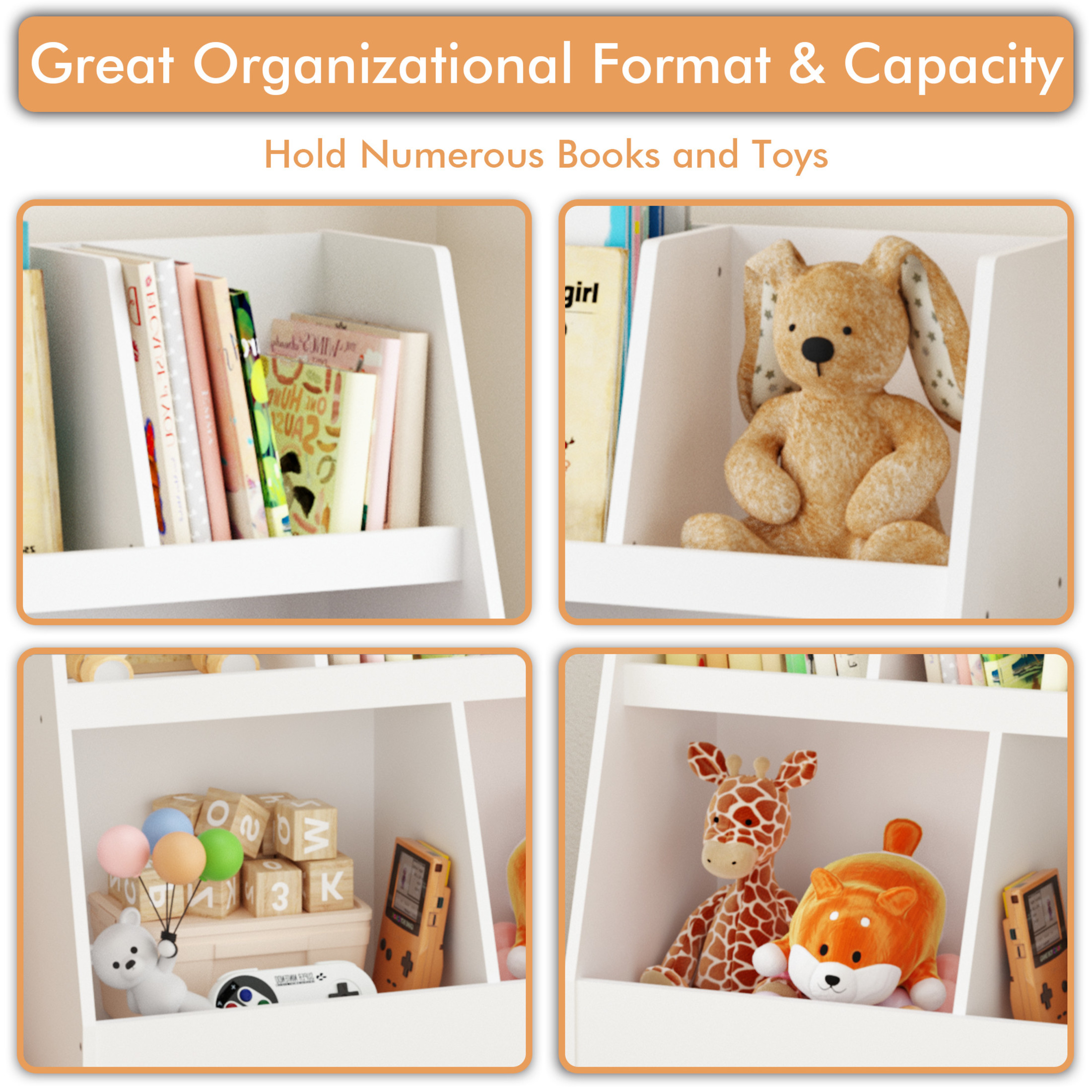 Noble House Solview 32" Kids Wooden Bookshelf and Toy Organizer, 5-Cubby 2-Bin Storage Cabinet for Playroom, White