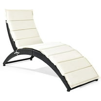WYDK Foldable Patio Lounge Chair, Outdoor Rattan Wicker Chaise with Cushion for Backyard Garden Lawn Balcony Poolside, White