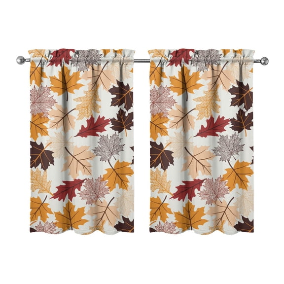 Rustic Thanksgiving Theme Kitchen Curtains - Set of 2 Tier Curtains with Turkey & Fall Leaves Design, Semi-Sheer, 27.5x39 Inch