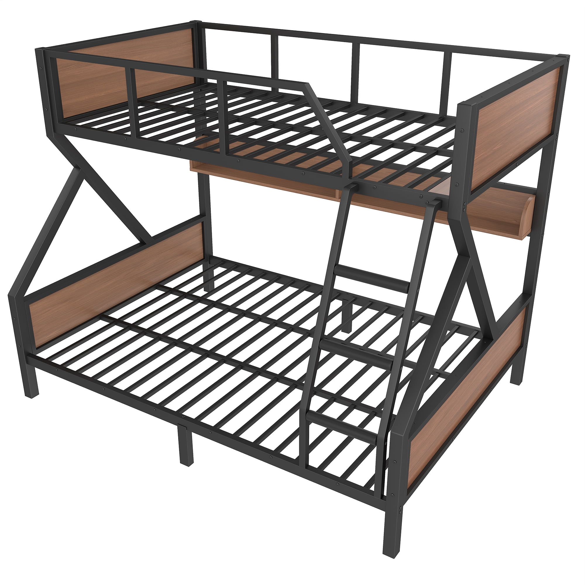Full XL/Queen over Queen Metal Bunk Bed with Storage Shelves and LED Lights, Metal Bunk Bedframe with Safety Guardrails, Space-saving & Noise-free Design