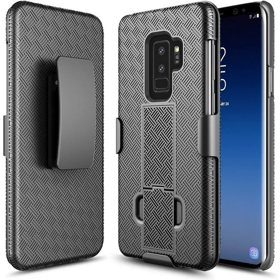 Nagebee Case for Samsung Galaxy S9 Plus, Armor Defender [Swivel Belt Clip Holster] with [Built-In Kickstand] Shockproof Heavy Duty Rugged Phone Cover (Shell Black)