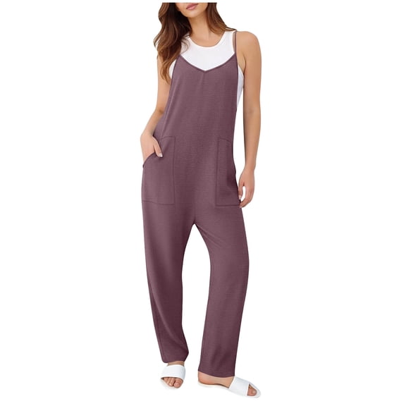 Fmbrln Womens Summer Jumpsuit Solid Color Dressy Overalls Spaghetti Strap Fashion Casual One Piece Outfits With Pocket