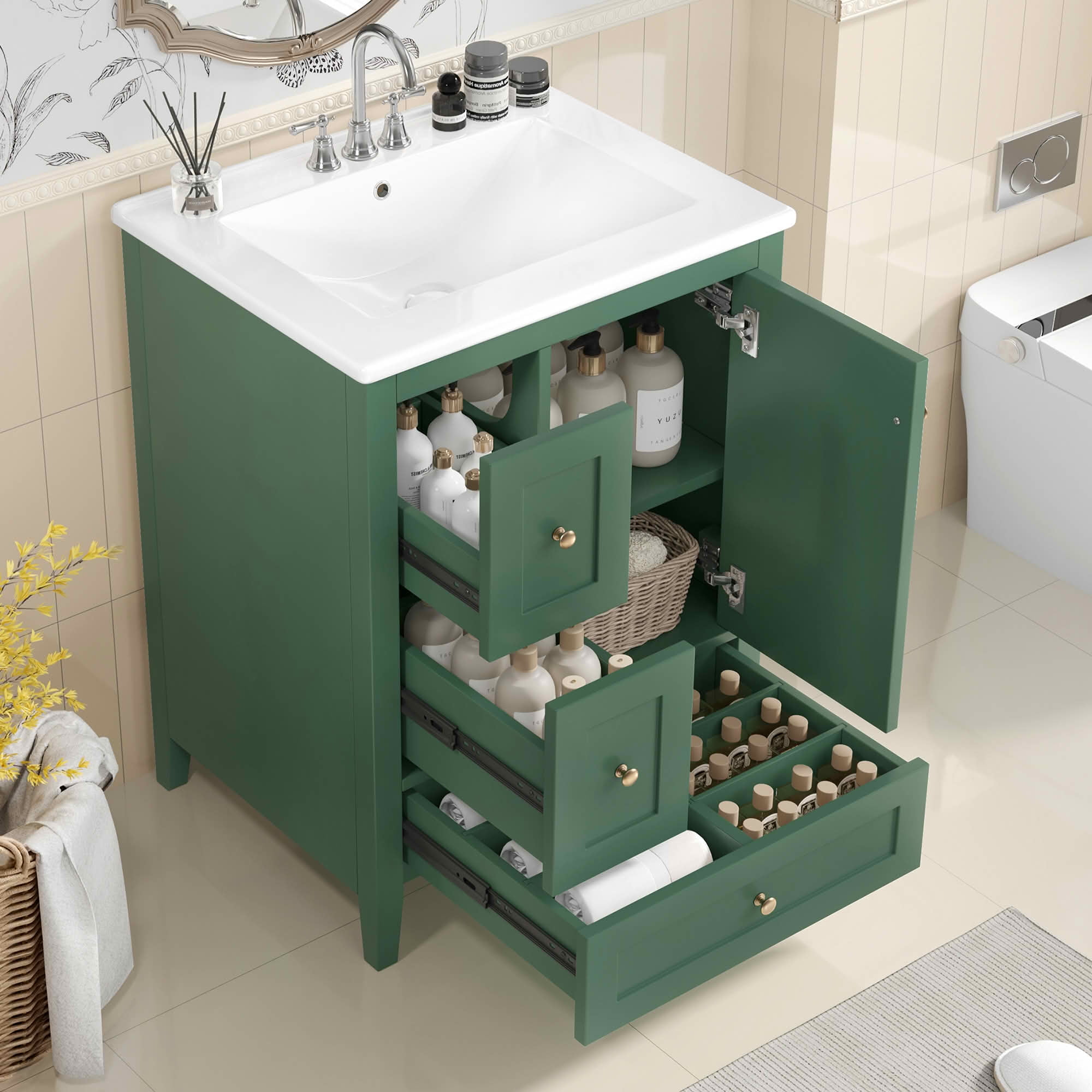 MAYEERTY 24-Inch Bathroom Vanity with Storage, Adjustable Shelf MDF Rubberwood Removable Dividers, Dark Green Finish