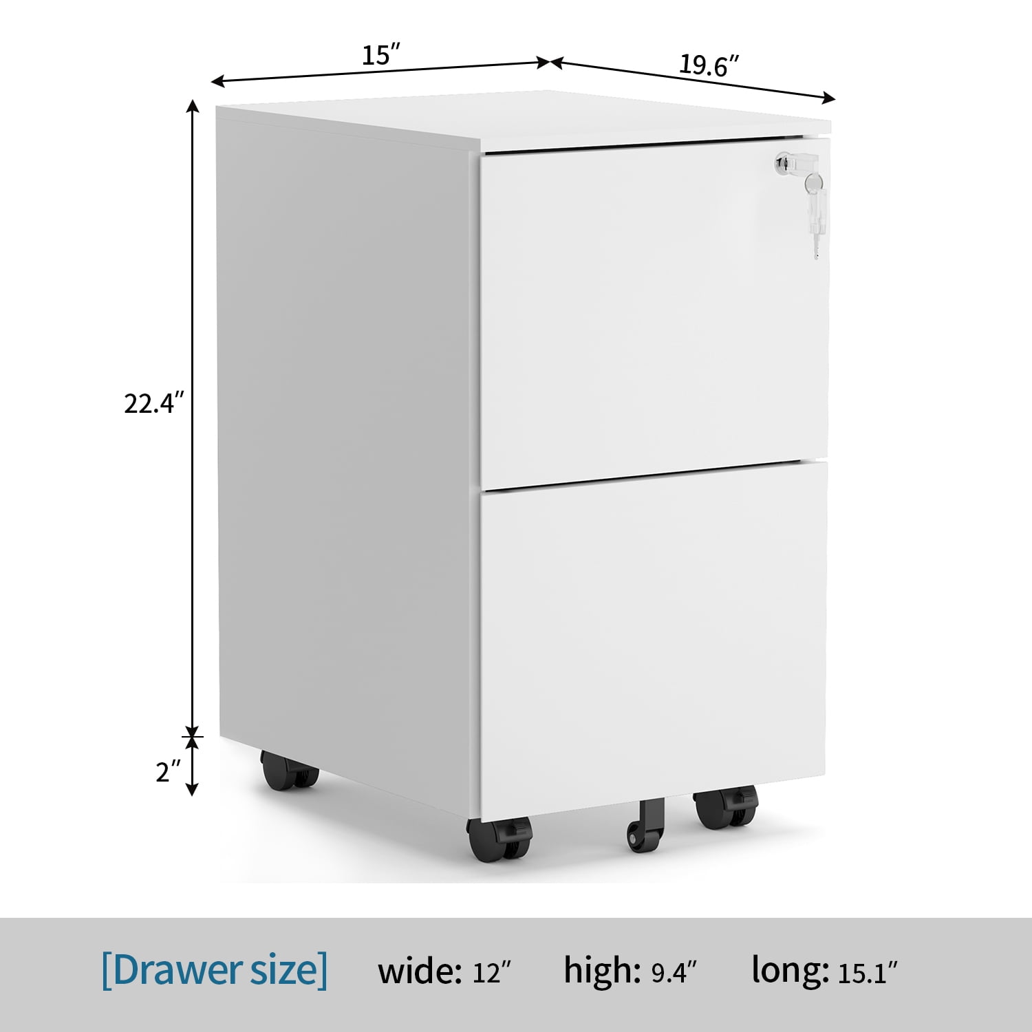 Kepooman 2-Drawer Mobile Steel File Cabinet with Lock for Legal/Letter Size, 15"L x 19.6"W x 24.4"H, White