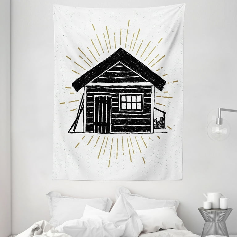 Log Cabin Tapestry Grunge Style Hand Drawn Sketch of a Simple Wooden Cabin Art Print Wall Hanging for Bedroom Living Room Dorm Decor 60W X 80L