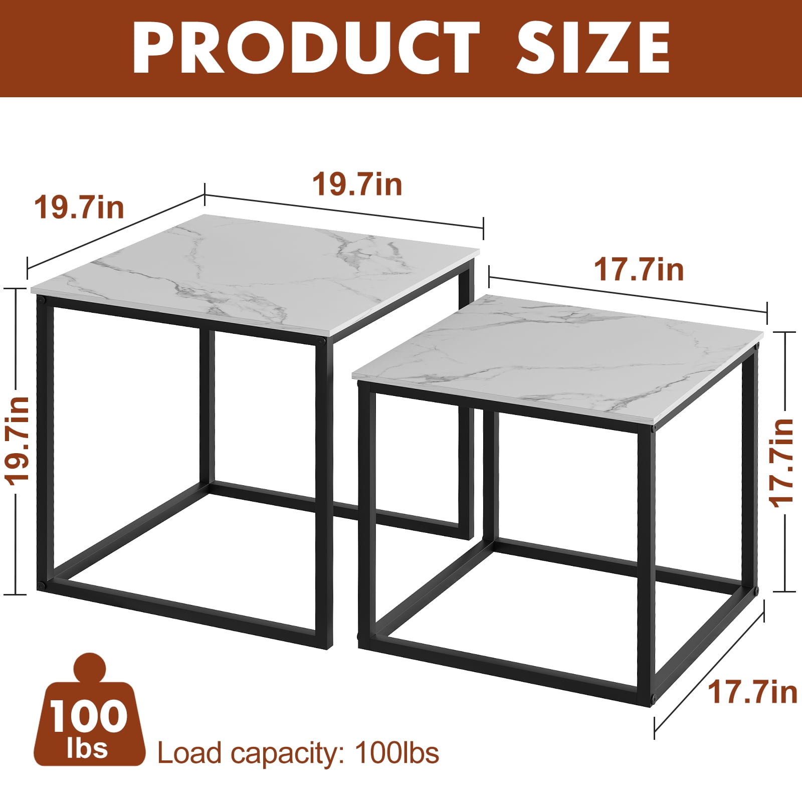 Coffee Table Set of 2, Modern Glass Nesting Table, Metal Frame Square Center Table Set, Side Tables, Nesting Coffee Table for Living Room, Bedroom and Small Spaces, 19.7in Black