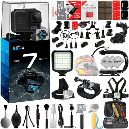 GoPro HERO7 Black 4K 12MP Digital Camcorder w/ 32GB - 40PC Sports Action Bundle (32GB Micro SD card,  Suction Cup Window Mount, High Power LED Light, X-GRIP Stabilizing Handle &