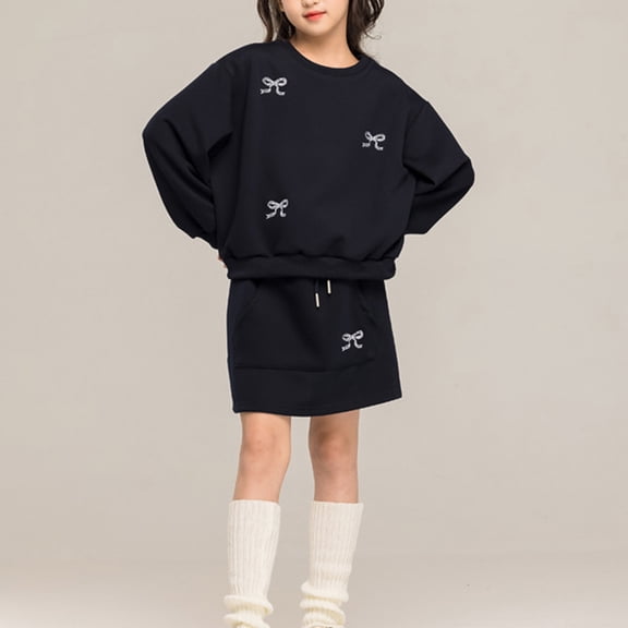 hengsof Girls' Two Piece Set Bow Pattern Sweatshirt Drawstring Pockets Skirt Set Cute Versatile Everyday Dress