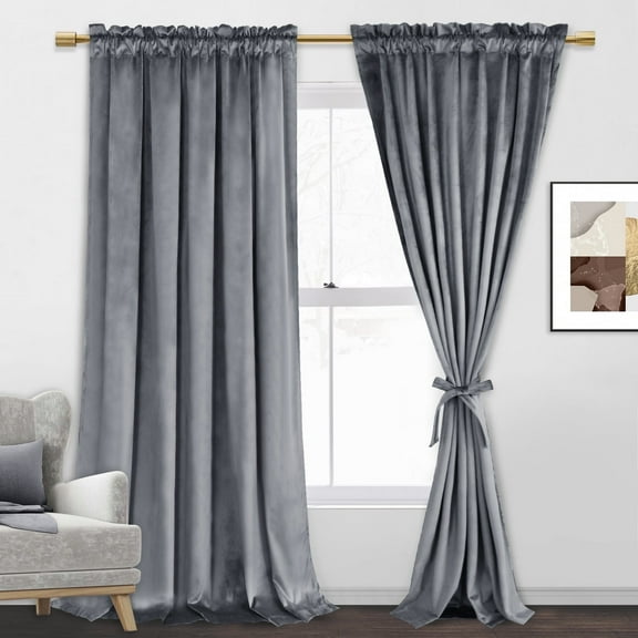 JIUZHEN Velvet Curtains Contemporary Grey Solid Print Rod Pocket Blackout Curtains, 60" x 96" (2 Panels)
