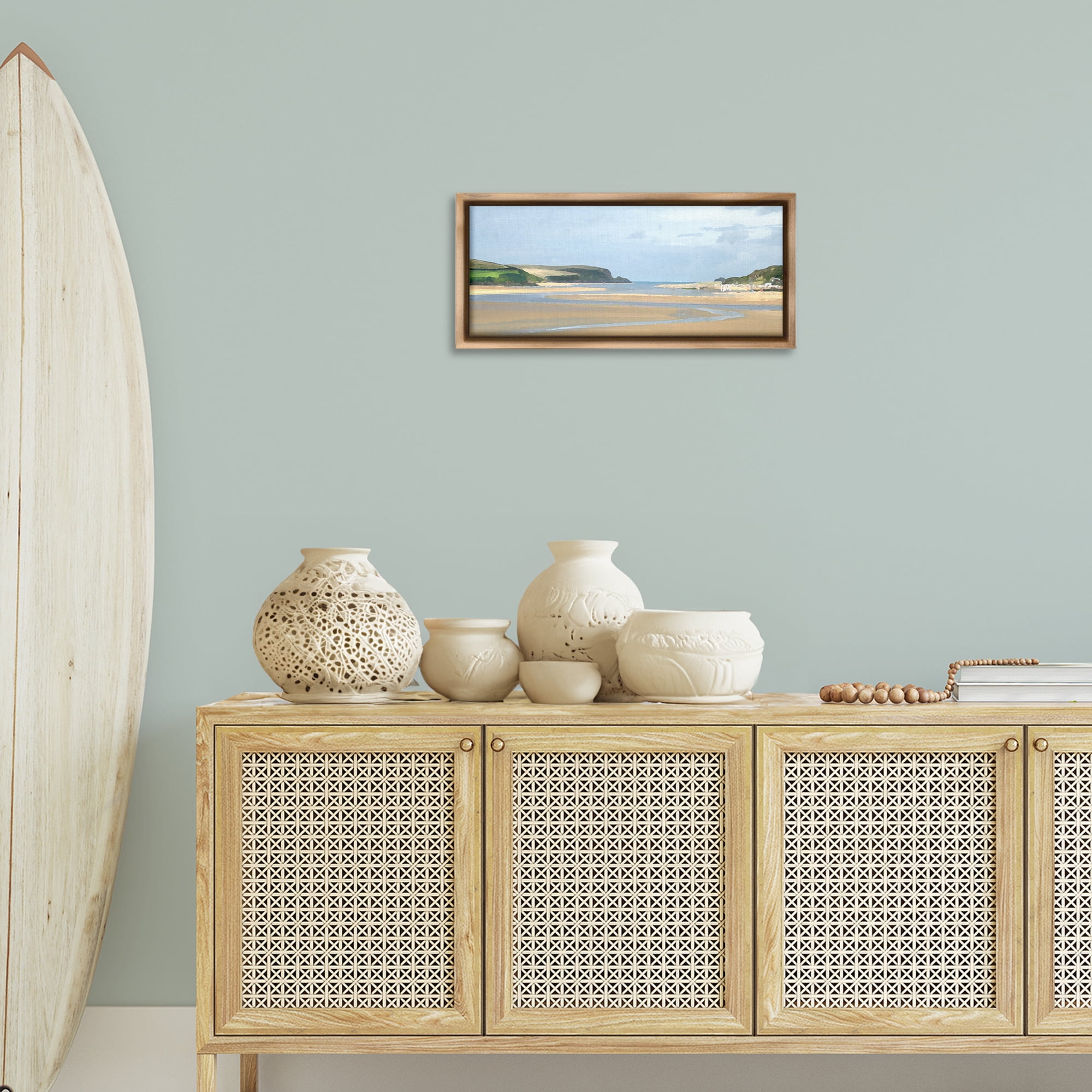 Stupell Industries Vast Beach View Landscape Painting Brown Floater Framed Canvas Art Print Wall Art, 25 x 11
