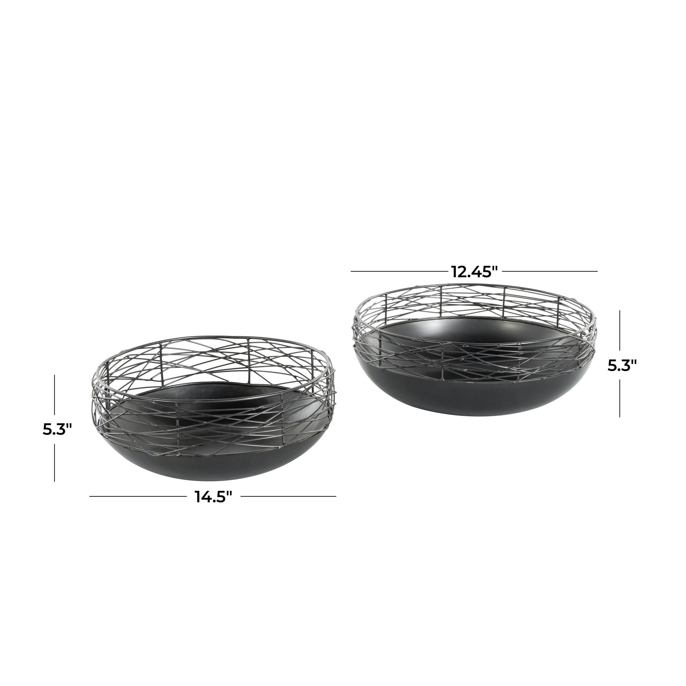 DecMode 15", 12"W Round Intertwined Wire Abstract Black Metal Decorative Bowl with Solid Matte Base, Set of 2