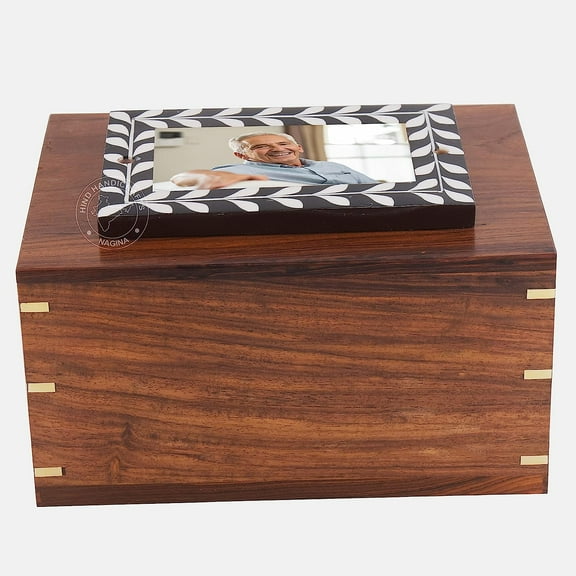 Rosewood Brass Inlaid Wooden Cremation Urns for Human Ashes Adult - Handcrafted Photo Funeral Memorial Ashes Urn - Large Columbarium (Horn Bone Frame-1, 250 Cubic Inches)