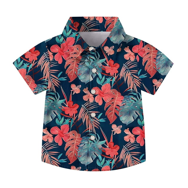 Économies d'Été! SROBPTY T-Shirts à Manches Courtes pour Tout-Petits, Chemise de Mode Hawaïenne à Manches Courtes Imprimée pour Garçons et Filles Tout-Petits, Chemise d'Uniforme Décontractée avec Poche Rouge, 14 Ans