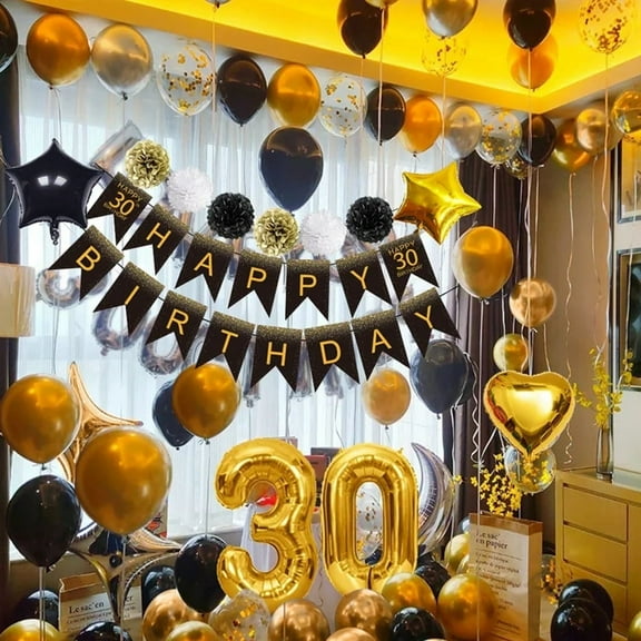 YANSION 30th Birthday Party Decorations Kit - Happy Birthday Banner, 30th Gold Number Balloons, Gold and Black, Number 30, Perfect 30 Years Old Party Supplies