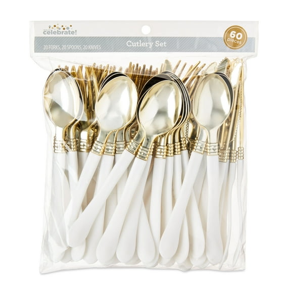 Plastic Disposable Cutlery Set, Gold/White, 60 Pieces, by Way To Celebrate