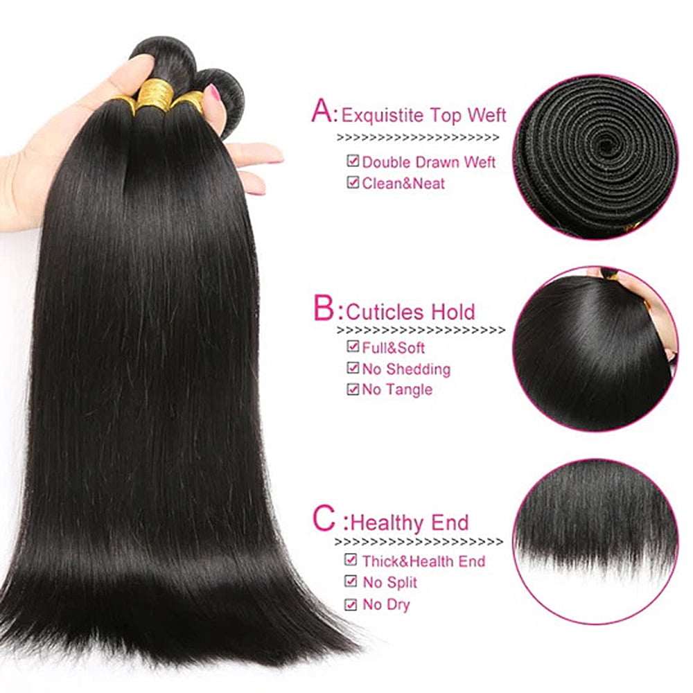 5x5 Lace Closure Straight, Brazilian Virgin Human Hair 3 Bundles (10 12 14)