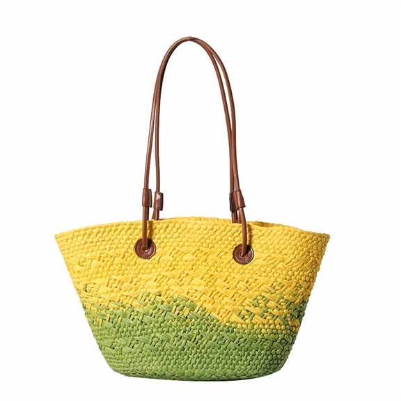 Fashionable Female Weave Shoulder Bag for Beach Vacation and Travel Colorful Woven Straw Handbag Large Basket Bucket Bag