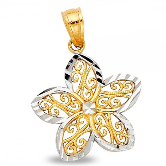Solid 14k Two Tone Gold Diamond Cut Flower Pendant Filigree Charm Polished Design Quality Genuine Women 17 mm x 18 mm