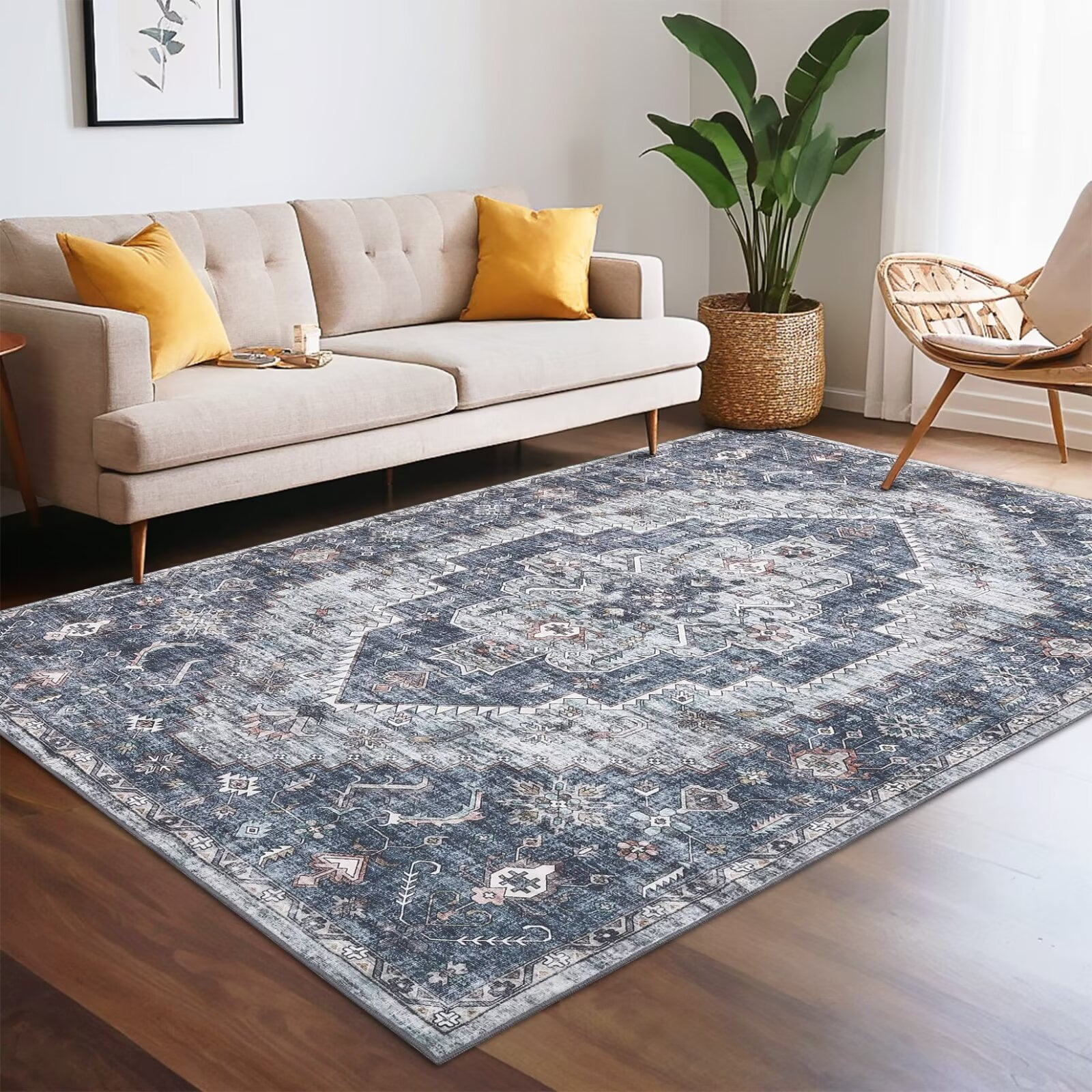 Hasoo 9' x 12' Area Rug for Living Room Boho Vintage Rug Non Slip Throw Rugs Floral Bedroom Rug, Blue