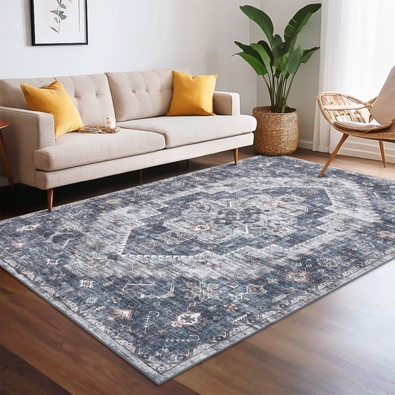 CAROMIO 10' x 13' Area Rug for Living Room Boho Vintage Rug Non Slip Throw Rugs Floral Bedroom Rug, Blue