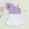 thumbnail image 6 of Douhoow 1-6 Years Girl 2Pcs Summer Outfits, Ruffle Sleeve One Shoulder Tops + Shorts Set, 6 of 8