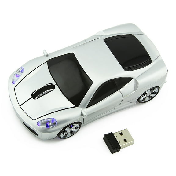 PloutoRich 2.4GHz Wireless Mouse, Cool Sports Car Mouse, Optical Computer Mouse, Ergonomic Car Mice with USB Receiver, Wireless Car Shape Mouse for PC Laptop Computer, Silver