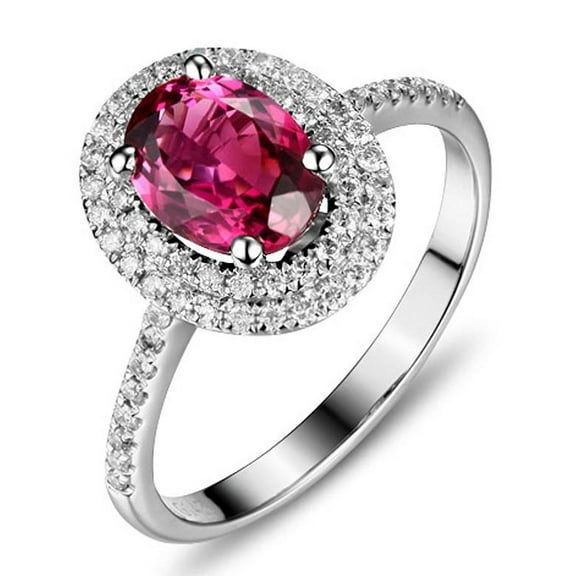 2.25 Carat 8x6mm Red Ruby Moissanite Diamond Double Halo Classic Engagement Ring for Women in 10k White Gold