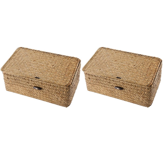 2X Caja de Almacenamiento Tejida Una Mano de Algas Marinas Caja de Almacenamiento Canasta de Almacenamiento Organizador de Maquillaje Contenedor Multipropósito con Tapa