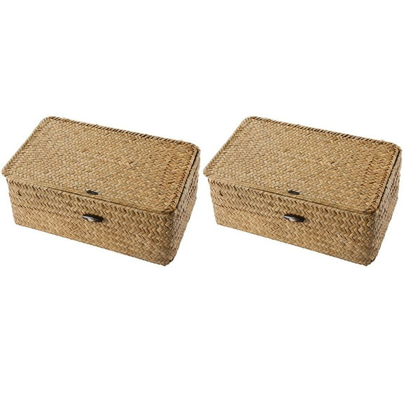 2X Caja de Almacenamiento Tejida Una Mano de Algas Marinas Caja de Almacenamiento Canasta de Almacenamiento Organizador de Maquillaje Contenedor Multipropósito con Tapa