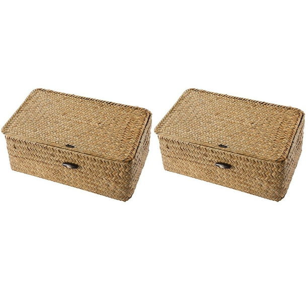 2X Caja de Almacenamiento Tejida Una Mano de Algas Marinas Caja de Almacenamiento Canasta de Almacenamiento Organizador de Maquillaje Contenedor Multipropósito con Tapa